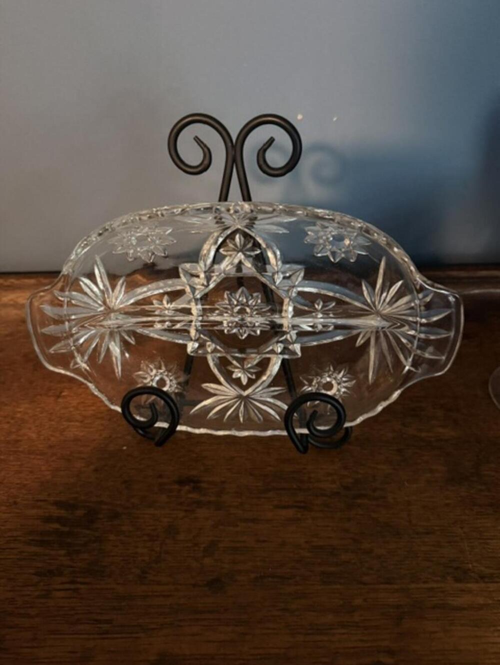 Vintage Anchor Hocking Clear Glass Divided Serving Dish with Starburst Pattern